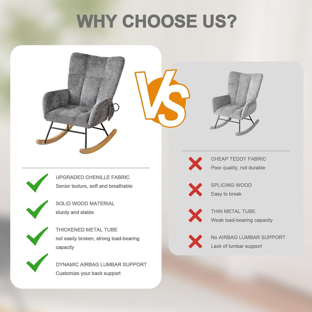 Rocking Chair Nursery with Airbag, Comfy Nursery Rocking Reading Chair Indoor, Cozy Upholstered Glider Rocker Chairs for Living Room Bedroom Offices, Sillas Mecedoras(Chenille, Dark Grey)