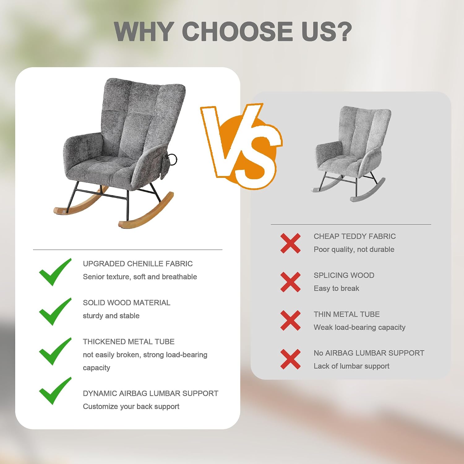 Rocking Chair Nursery with Airbag, Comfy Nursery Rocking Reading Chair Indoor, Cozy Upholstered Glider Rocker Chairs for Living Room Bedroom Offices, Sillas Mecedoras(Chenille, Dark Grey)