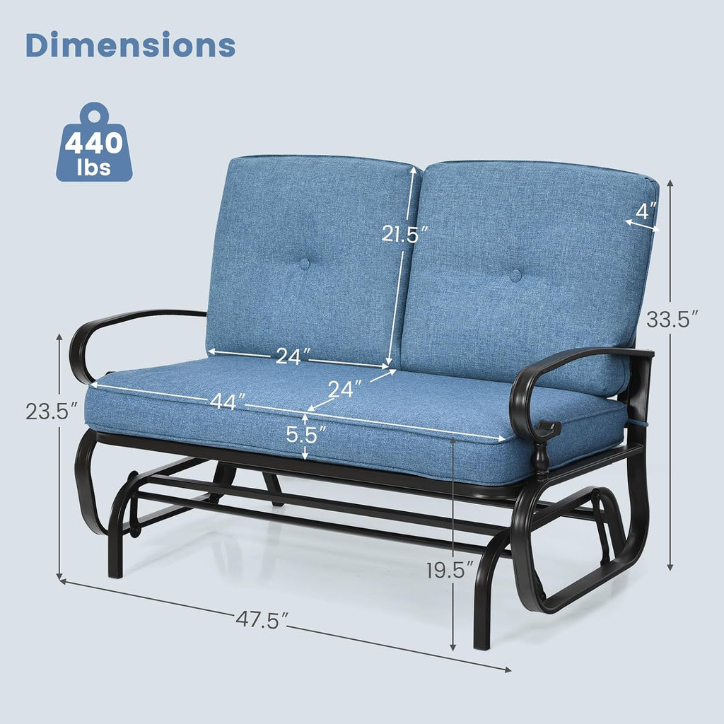 Tangkula Outdoor Swing Glider Chair, Patio Glider Bench for 2 Persons, Outdoor Rocking Loveseat with Steel Frame & Comfortable Cushions for Garden, Porch, Balcony, Poolside (Blue)