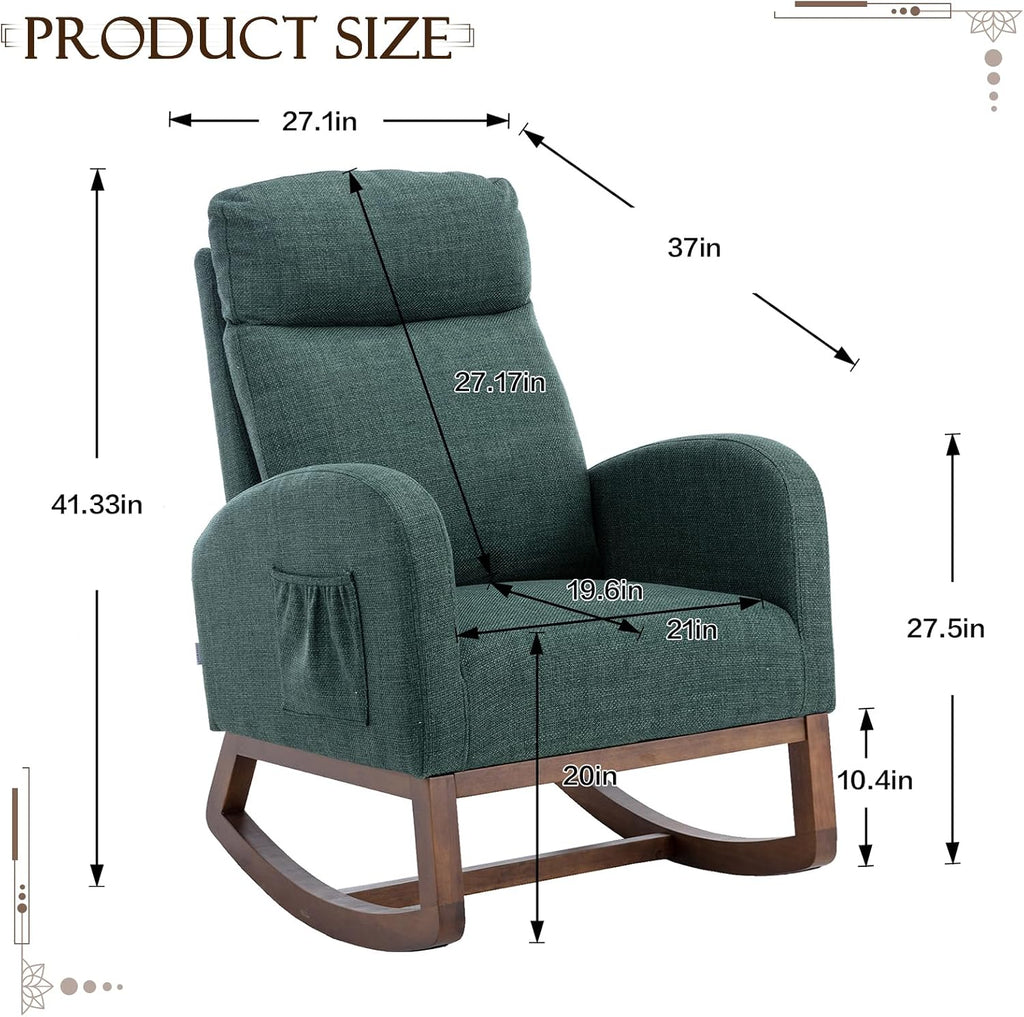 Upholstered Rocking Chair for Nursery, Accent Glider Rocker with Side Pocket, Comfy Armchair with Tall Backrest and Double Layer Cushion, Baby Nursery Glider for Living Room, Bedroom (Emerald Green)