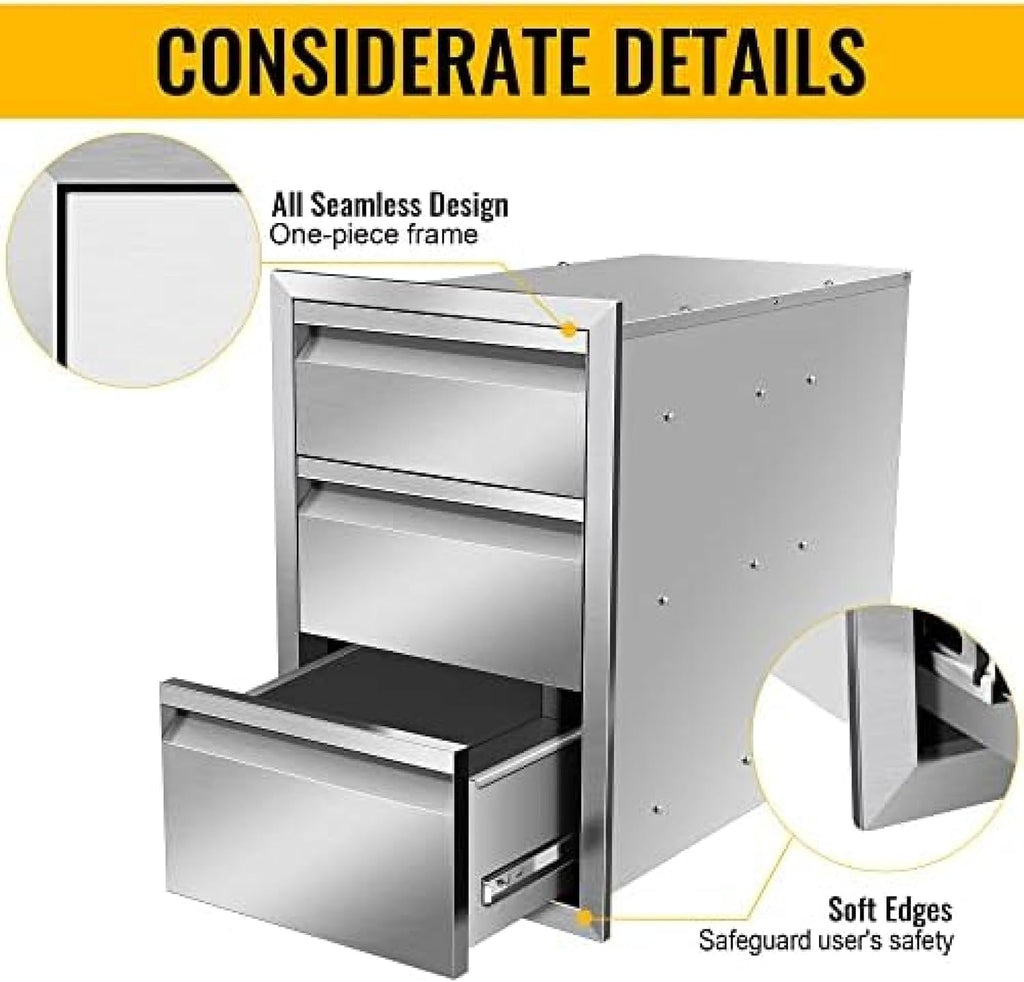 Outdoor Kitchen Drawer Stainless Steel BBQ Triple Drawer Flush Mount for Outdoor Kitchen Island,-14W X 21H X 23D Inch