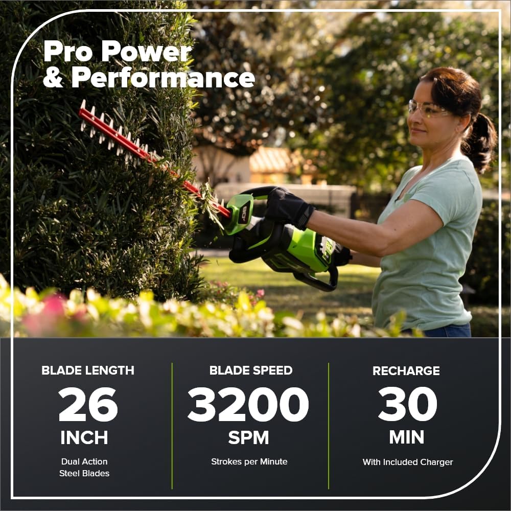Greenworks PRO 80V 26'' Rotating Handle Hedge Trimmer Cordless, Includes 2.0Ah Battery and Charger, Brushless Landscaping Tool, Dual Action Blades