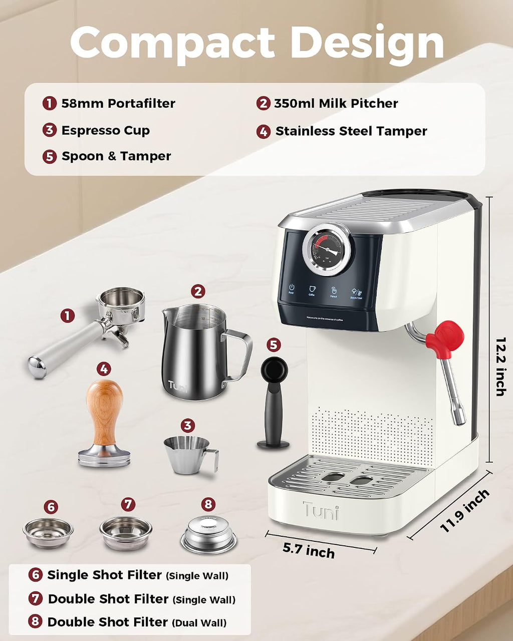 Tuni E2 58mm Espresso Machine 20Bar, Dual Boiler Espresso Maker with 10mm Steam Milk Frother, Semi-automatic Coffee Machine with UKLA Pump for Espresso,Cappuccino, Gift for Coffee Lover