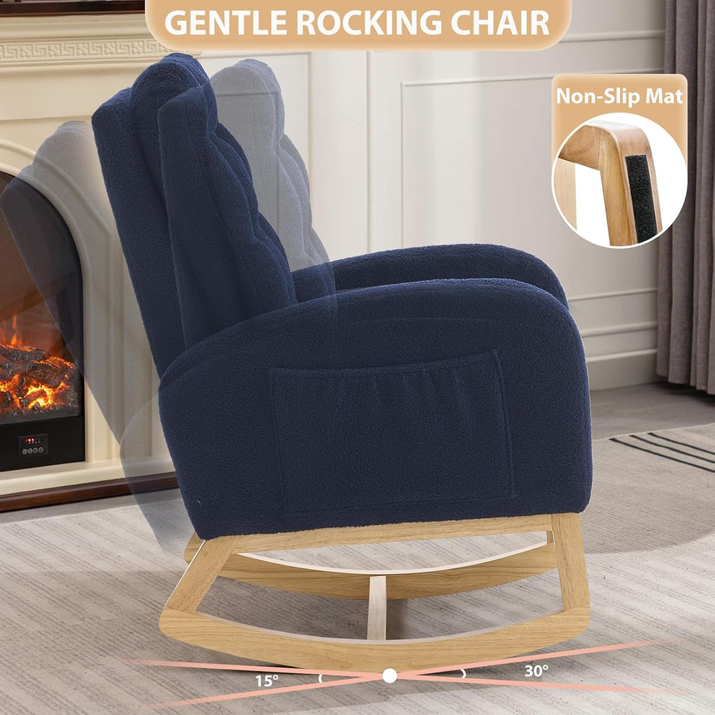 cinkehome Nursery Rocking Chair with Retractable Foot Rest, Teddy Glider Rocking Chair, Mid Century Rocker Chair, High Back, Solid Wood Legs