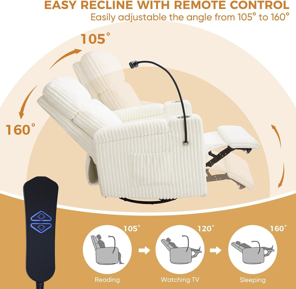 Power Recliner Chair Swivel Glider Rocking Chair Nursery Skin-Friendly Electirc Rocker Nursery Chair with Phone Holder, Hidden Storage, USB Charging, Corduroy Beige