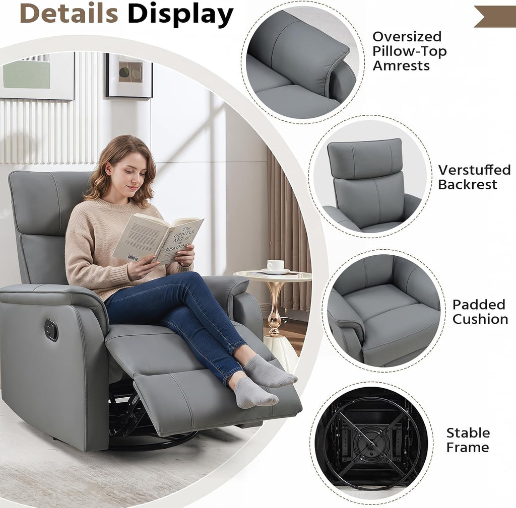 HAOMARKETS Swivel Rocker Recliner Chair, Manual Faux Leather Glider Rocking Recliners for Adults, 360° Swivel Nursery Reclining Sofa with Padded Backrest for Living Room, Grey