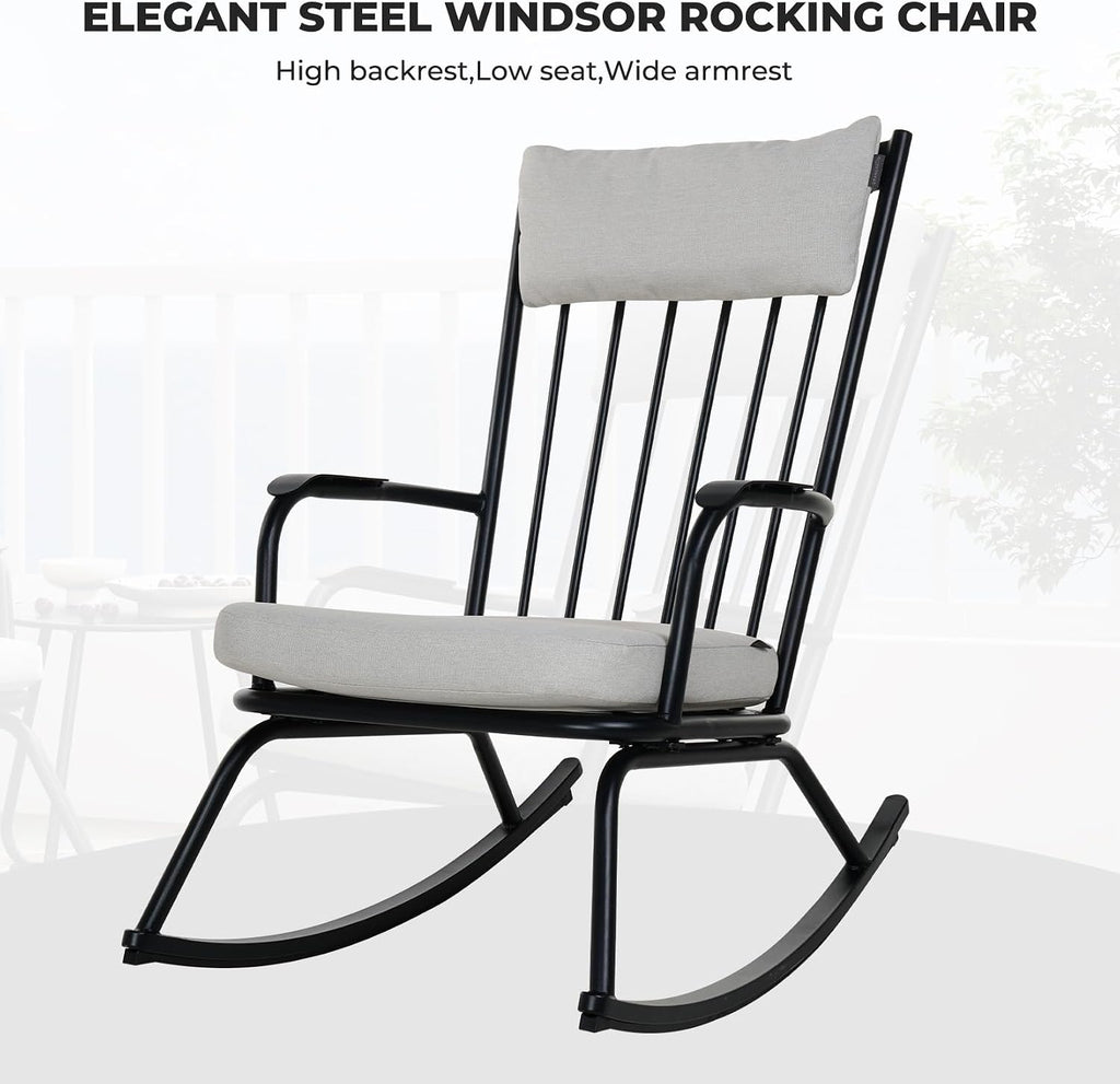 Grand patio 3-Piece Outdoor Rocking Chair Set, Steel Rocking Chairs with Cushions and 18-inch Round Side Table, Outdoor Bistro Set for Patio Porch Deck, Black