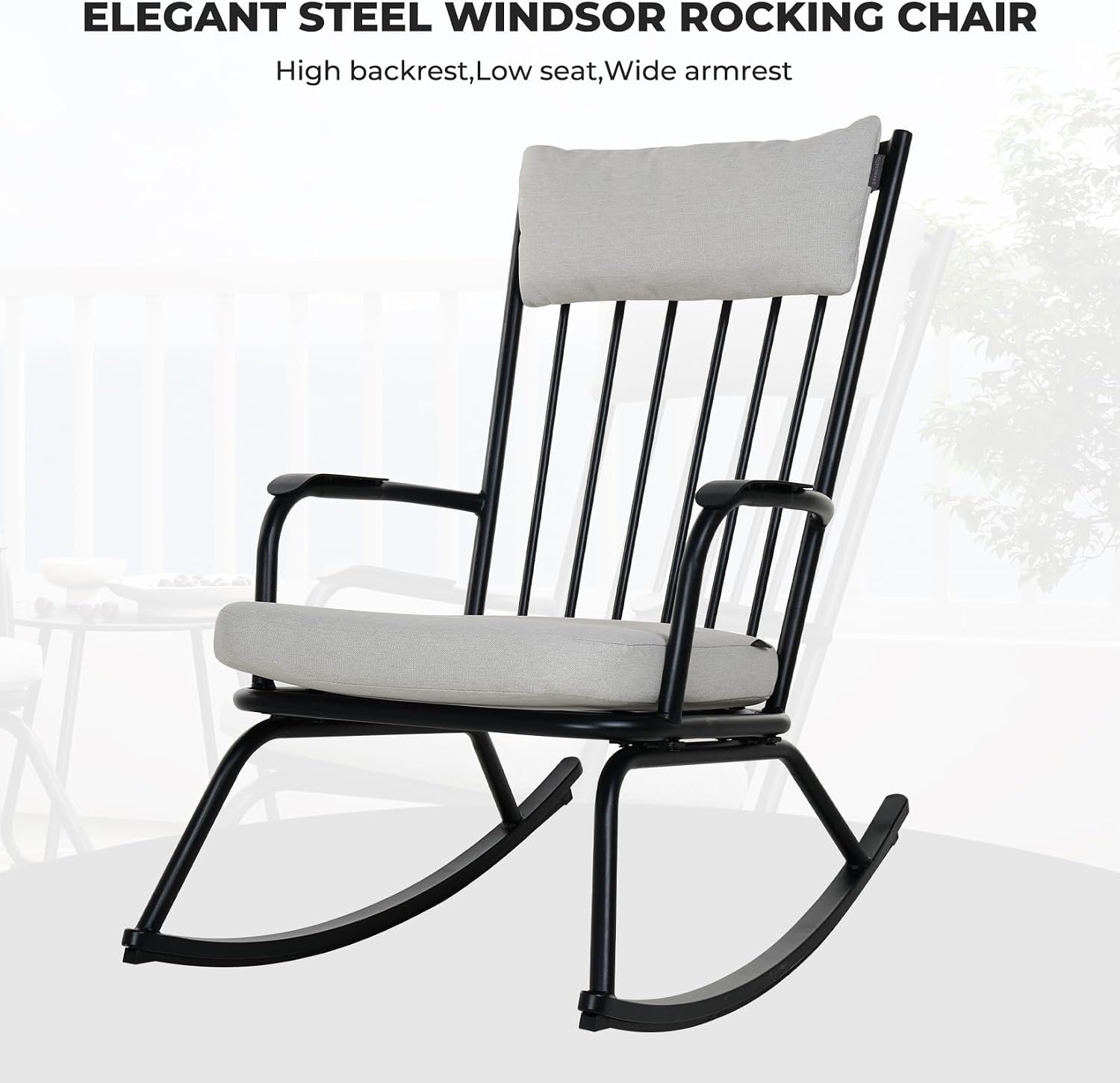 Grand patio 3-Piece Outdoor Rocking Chair Set, Steel Rocking Chairs with Cushions and 18-inch Round Side Table, Outdoor Bistro Set for Patio Porch Deck, Black