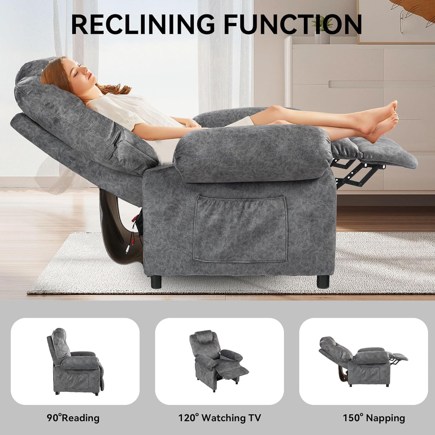 Pushback Massage Recliner Chairs with Heat for Adult, Fabric Reclining Chair, Small Manual Recliner Chair for Small Places, Home Theater Seating Lounge Chair for Living Room, Grey