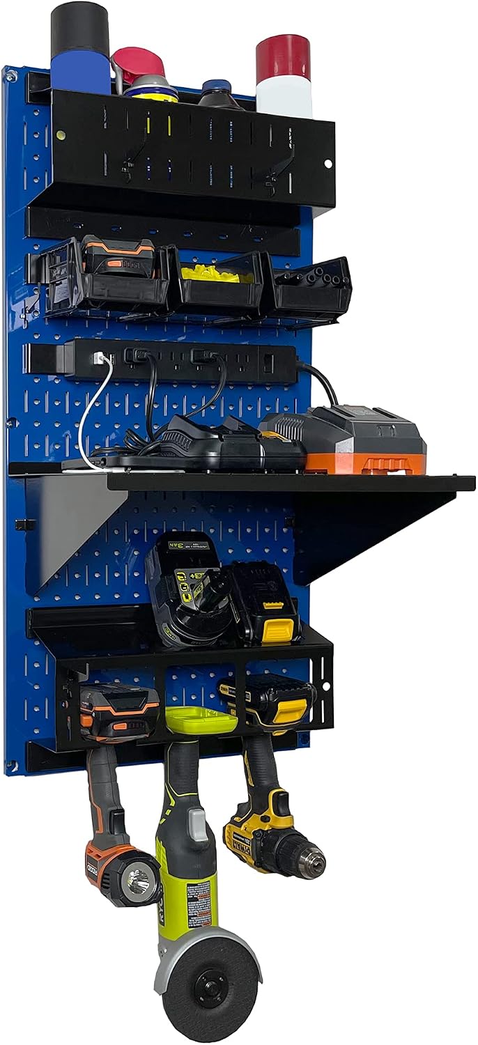 Wall Control Power Tool Storage Organizer Kit Cordless Drill Holder Charging Station Rack 16' x 32' Metal Pegboard Organization System (Blue Pegboard)
