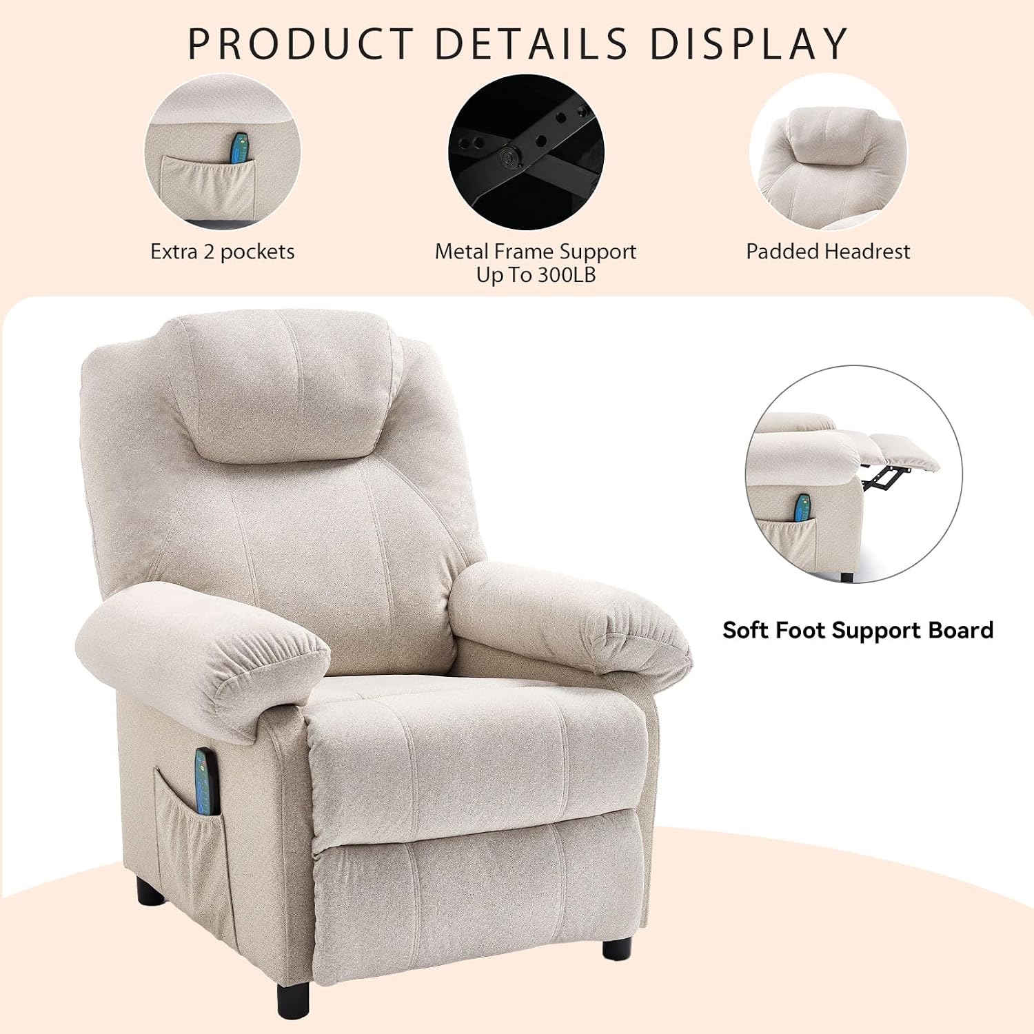 Overstuffed Push Back Recliner Chair for Living Room, Mid Century Fabric Heated Massaging Reclining Chair Small Manual Recliner Chair with Heat and Massage, White