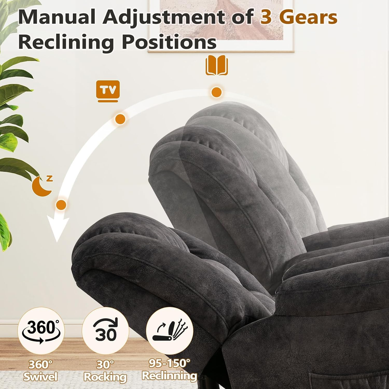ANJ Rocking Recliner Chair Oversized Swivel Rocker Recliners, Comfy Glider Rocking Chairs for Big Man, Extra Wide Recliners Overstuffed Reclining Chair for Living Room, Grey