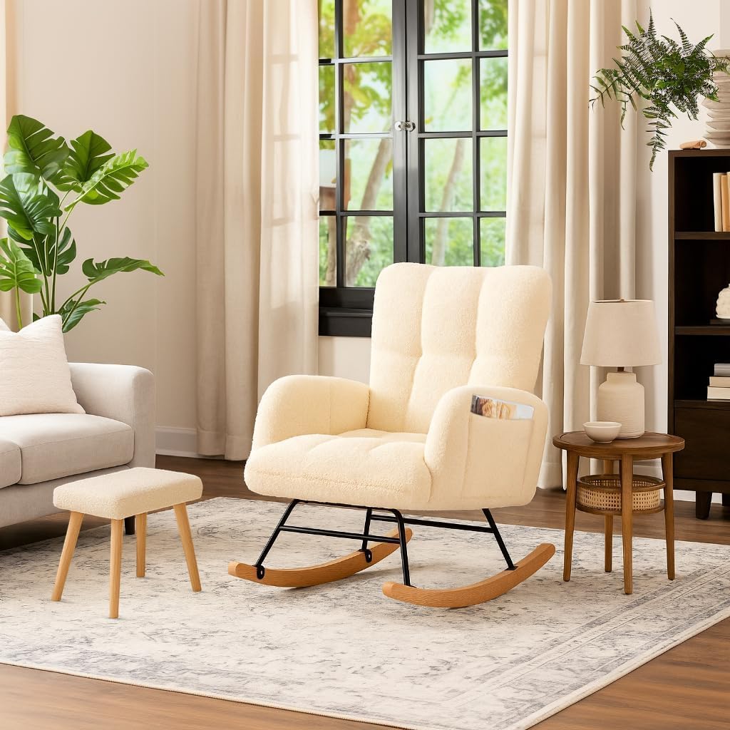 COMHOMA Nursery Rocking Chair with Ottoman,Teddy Glider Rocking Chair,Accent Chair with High Backrest Reading Chair for Adult,Nursery,Bedroom,Living Room,Offices(Beige with Ottoman)