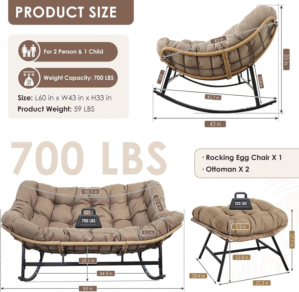 RADIATA Double Papasan Rocking Chair with Ottomans, Oversized Egg Rocking Chairs for 2, Large Wide Loveseat Recliner with Comfy Cushion for Indoor Outdoor Patio Garden, Brown