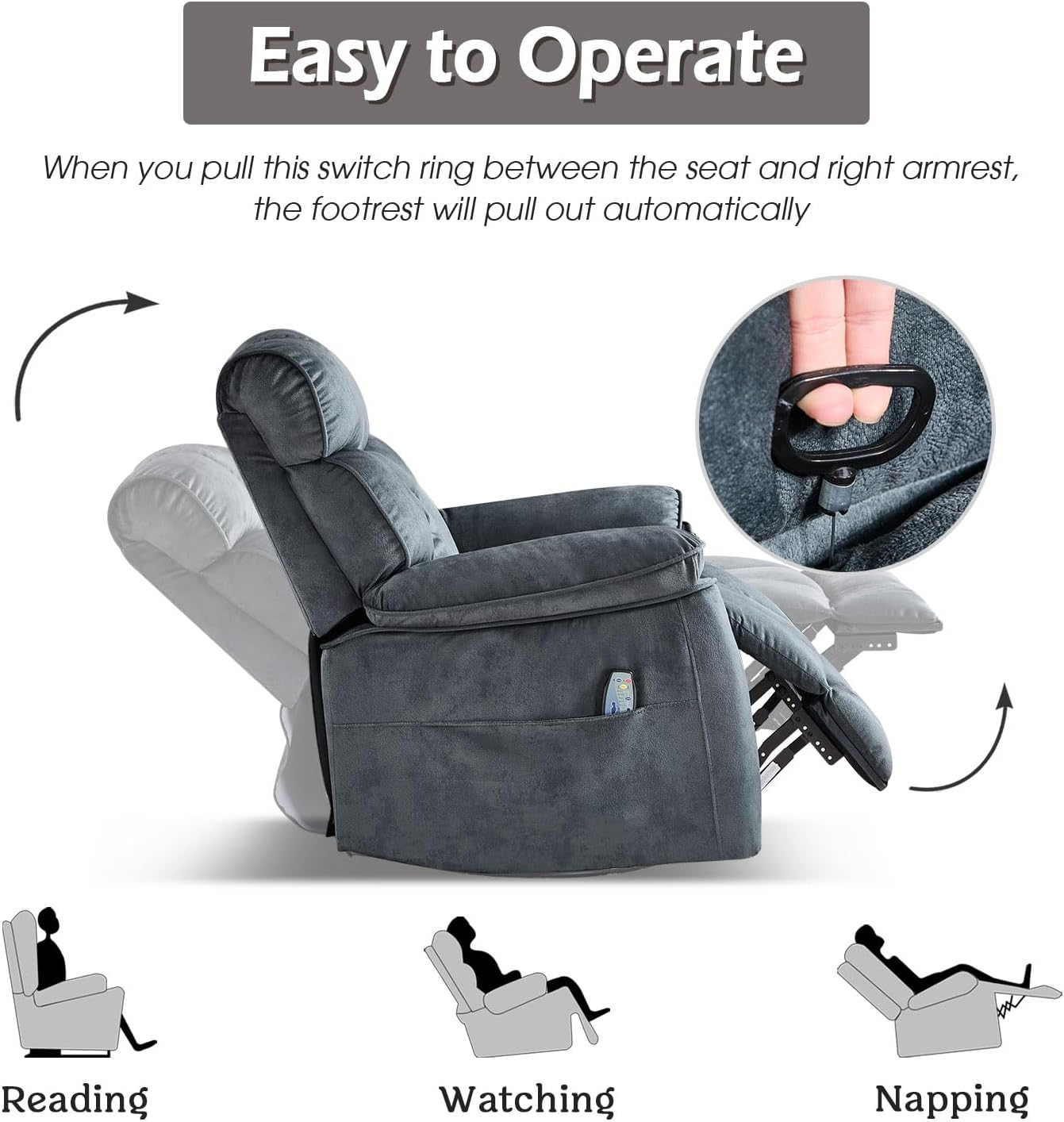 INZOY Oversized Rocker Recliner with Heat and Vibration, Manual Swivel Rocking Recliner Chair with Vibrating Massage, Comfy Padded Overstuffed Soft Fabric Heated Recliner, Grey