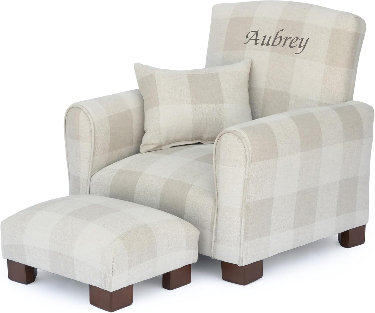 Toddler Personalized Armchair, Kids Upholstered Rocking Chair with Personalization, Toddler Chair with Personalized Name, Comfy Child Armchair (Legs, Natural Check)