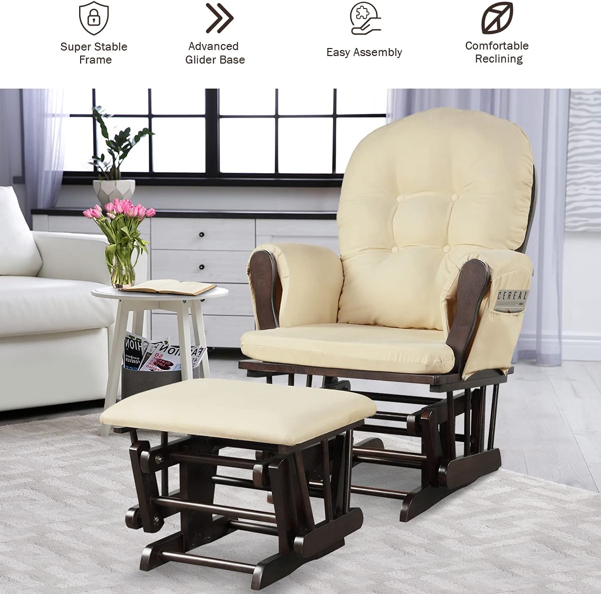 Costzon Glider and Ottoman Set, Wood Glider Rocker for Nursery, Upholstered Comfort Nursing Rocking Chair with Storage Pocket, Padded Armrests & Detachable Cushion, Easy to Assemble (Beige)