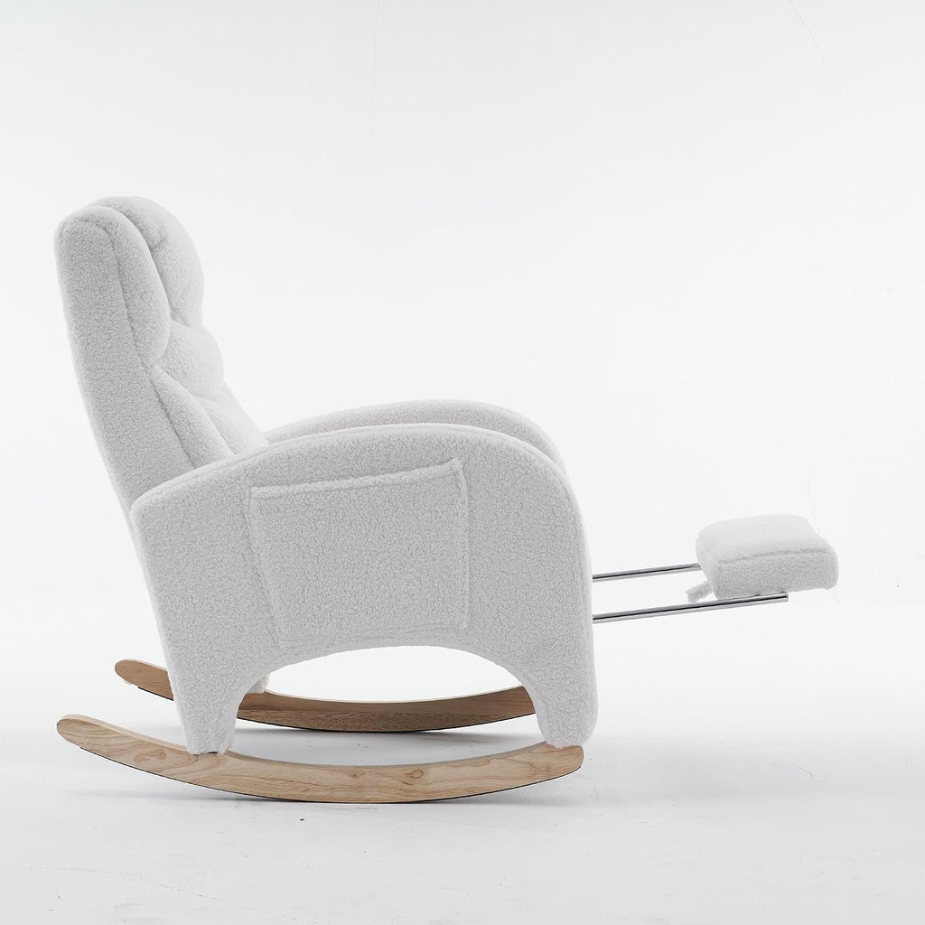 LUMISOL Rocking Chair with Adjustable Footrest, Soft Teddy Fabric Rocking Chair with Pocket for Nursery, Comfy Wing-Back Glider Rocker with Solid Wood Base for Living Room Bedroom Balcony, Ivory
