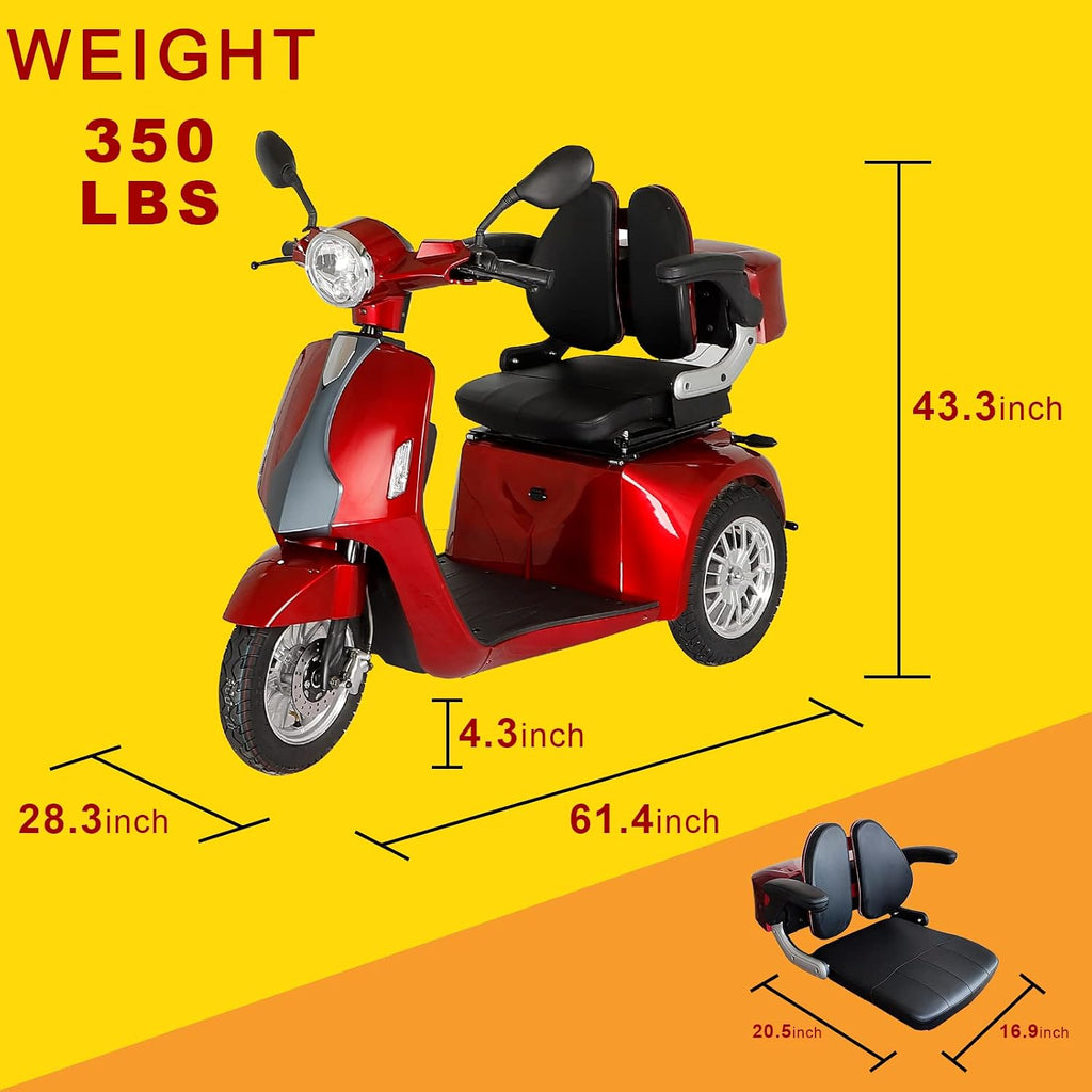 Heavy Duty 3 Wheel Mobility Scooters for Seniors & Adults 500lbs Capacity - Electric Powered Wheelchair Device - 800W All Terrain Fast Mobility Scooter for Outdoor w/Long Range Battery Romote Key