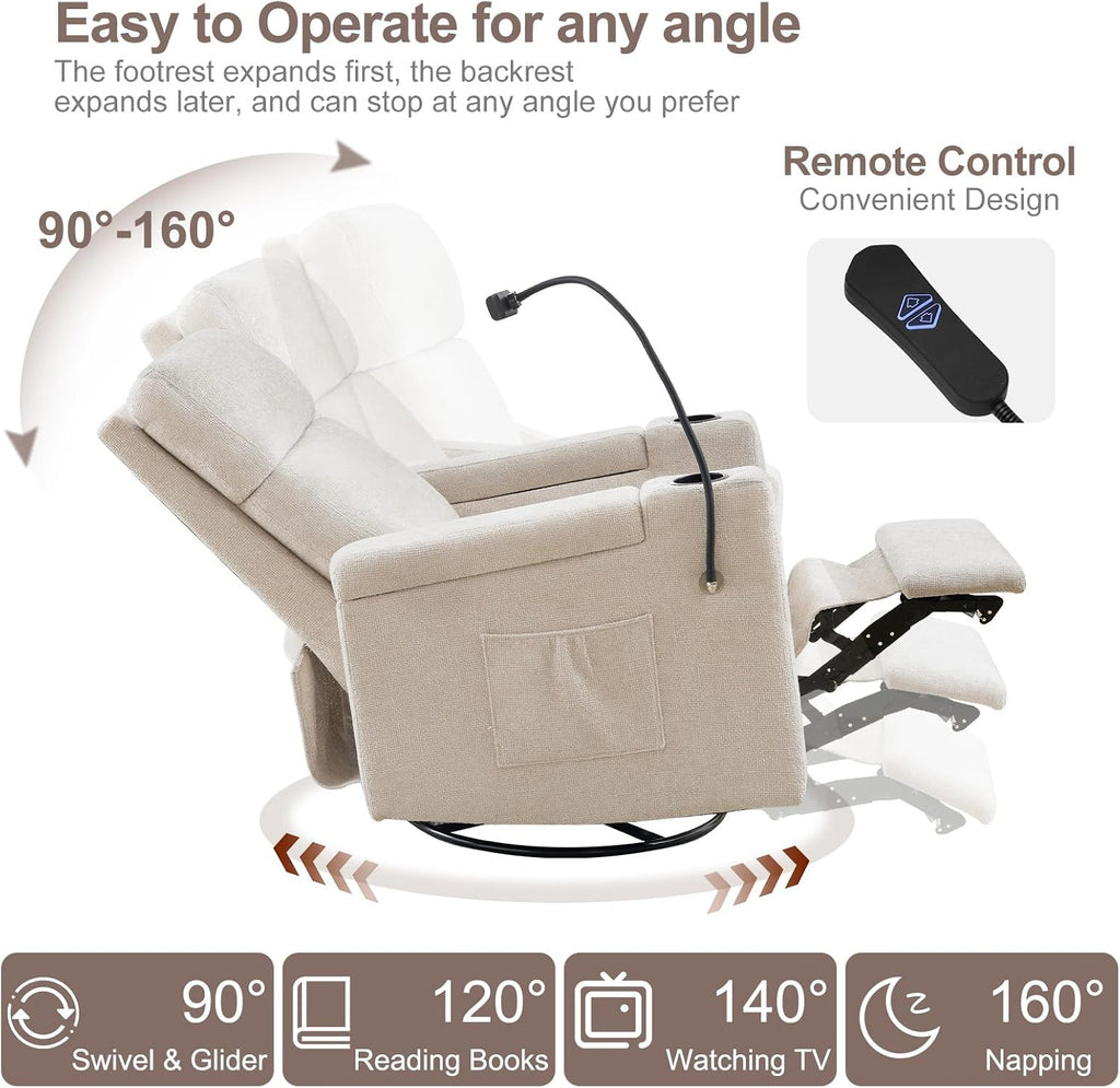 ABCASA Power Recliner Chair Swivel Glider Set of 2, Nursery Glider Recliner, Chenille Rocking Recliner Chair with Adjustable Phone Holder, Hidden Arm Storage, USB & Type-C for Living Room, Light Brown