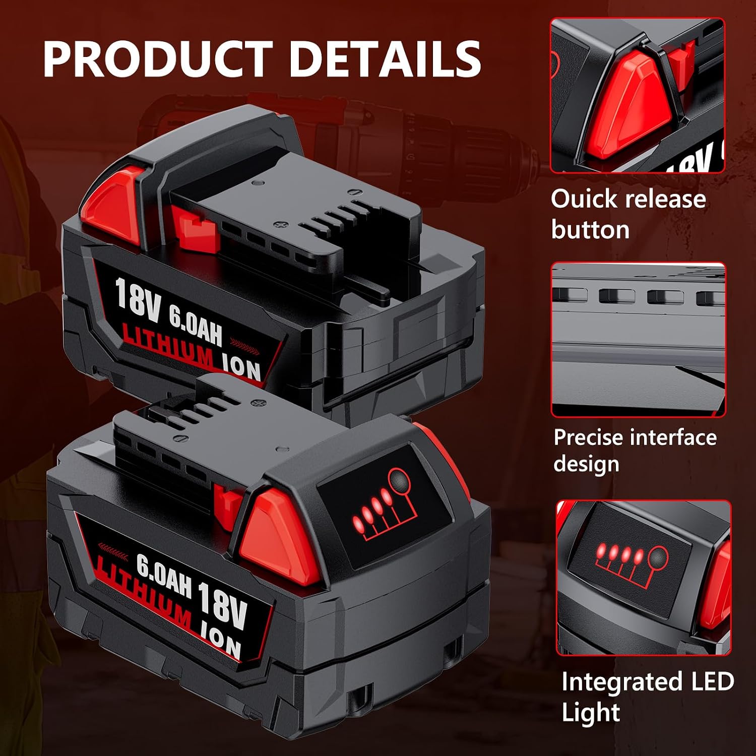 Replacement for Milwaukee M18 Battery, 6000mAh 18V Lithium High-Capacity Batteries Compatible with M18 Cordless Power Tools and Charger 48-11-1850 48-11-1860 48-11-1828 48-11-1815 48-11-1822 (4PACK)