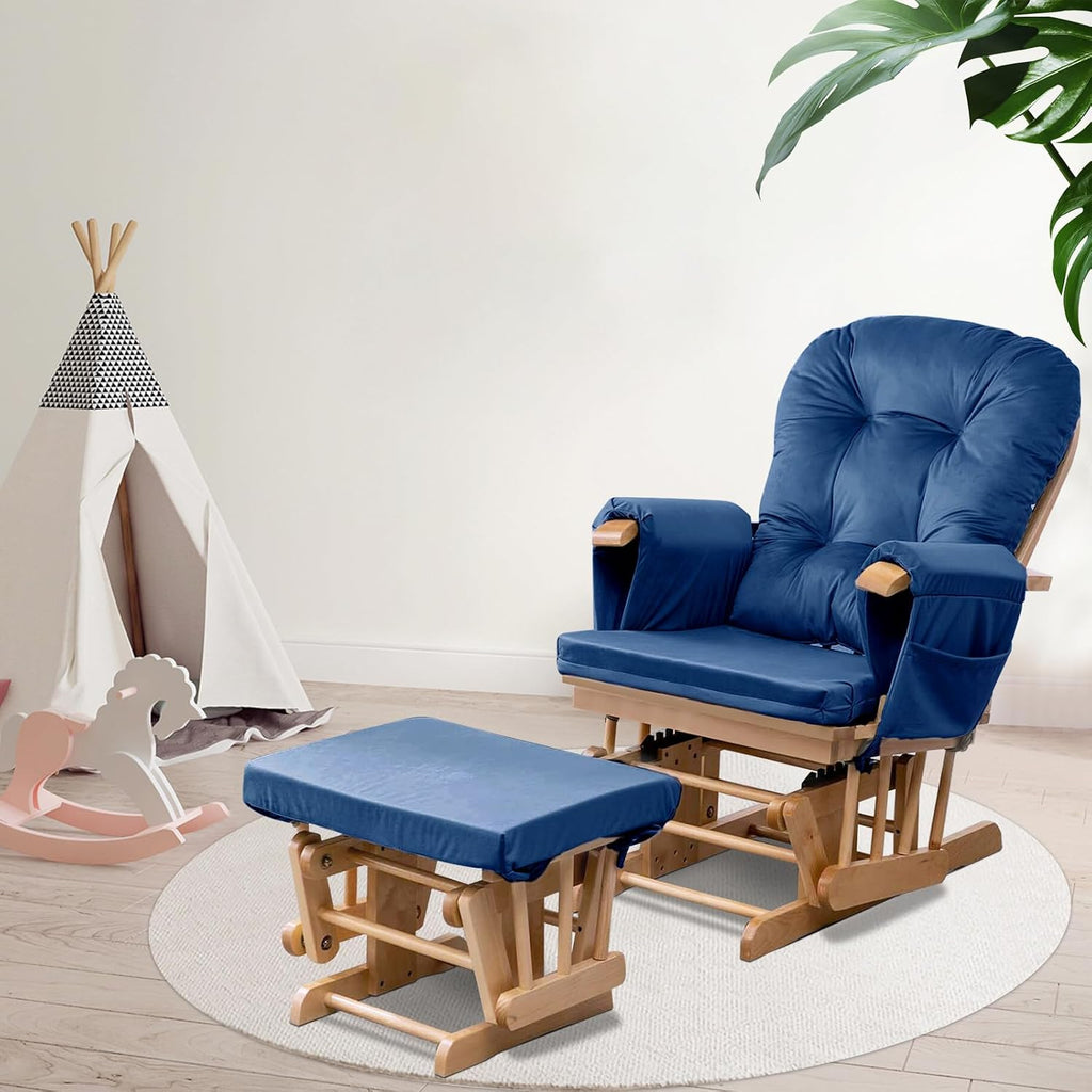 5PCS Glider Rocker Replacement Cushions Thick Soft Velvet Glider Cushions Replacement Set with Ottoman Cushion and Storage Pockets for Nursery Wooden Rocking Chair, Navy Blue