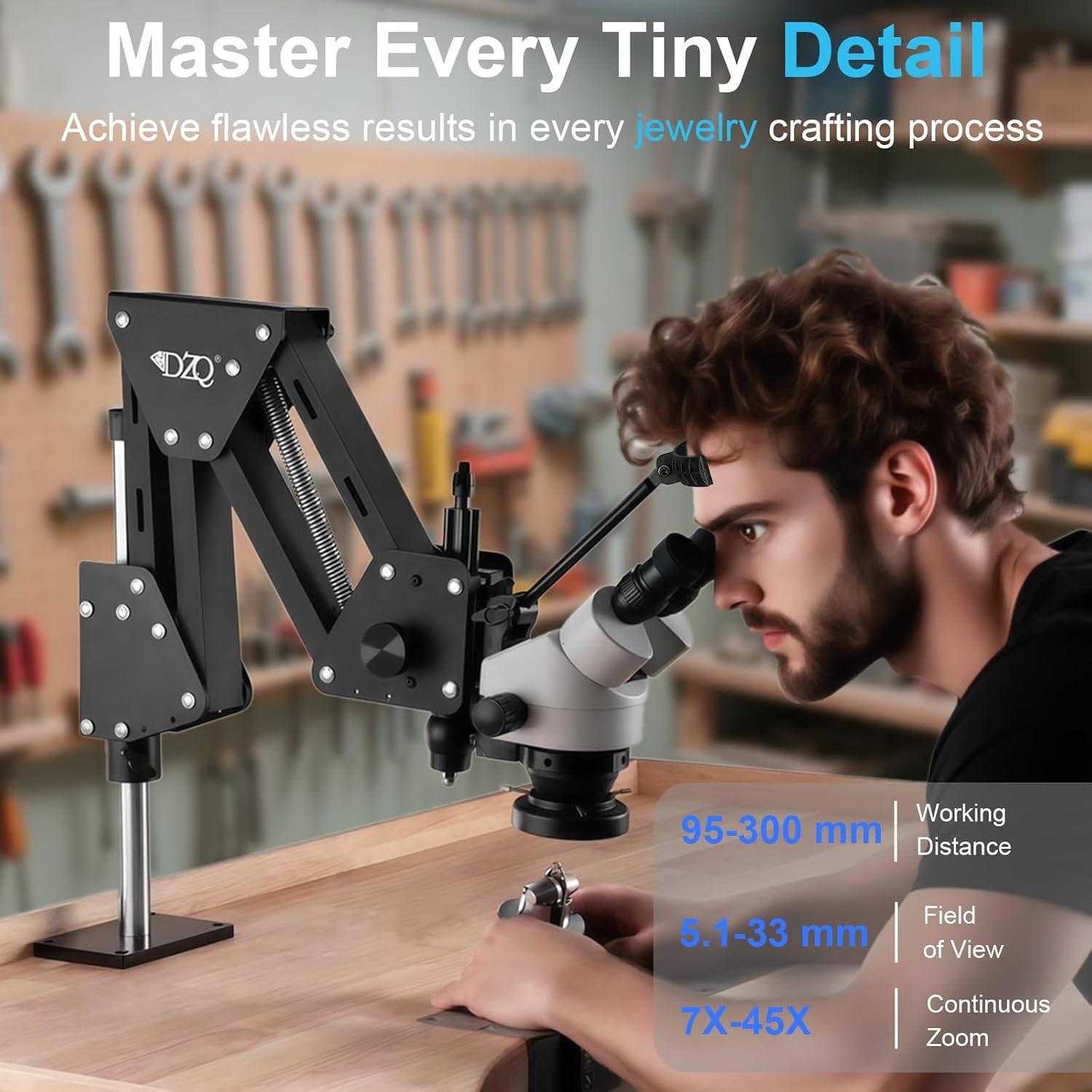 DZQ Jewelry Microscope, 7X-45X Magnification with Multi-Directional Spring Stand, 0.5X Barlow Lens, 60 Ring Light Illuminator & Dimmer Switch, Jewelers Microscope for Jewelry Engraving Setting Making