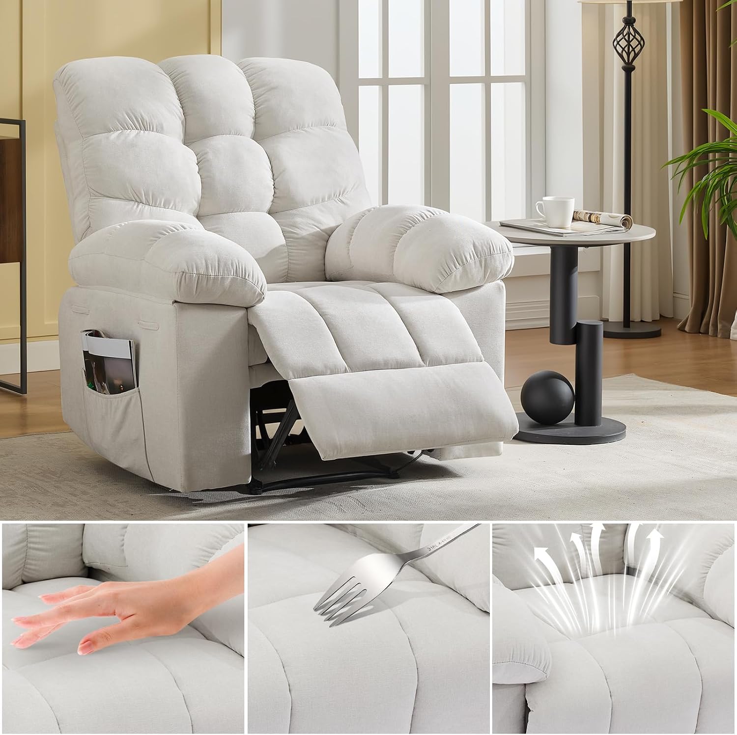 Recliner Rocking Chair with Massage & Heat, Wide Overstuffed Fabric Recliner with Breathable Upholstery, Ergonomic Design, 2 Side Pockets & Remote Control for Living Room or Bedroom (Beige)