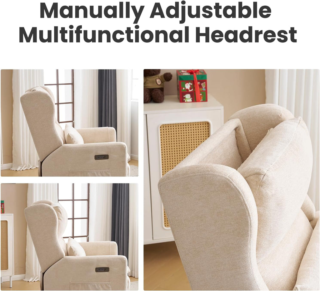 Oversized Swivel Rocker Recliner with Adjustable Headrest, 26' Extra Wide Glider Recliner Nursery Chair with Double Cushion, Chenille Glider Rocking Chair for Living Room,Cup Holder,Beige