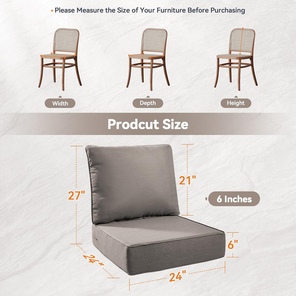 Luxury 6' Outdoor Cushions for Patio Furniture, 24x24x6' Thick Seat Cushion Set of 6, Fade Resistant Couch Chair Replacement Cushions High Density Deep Wicker Chair Cushion w/ Removable Cover Gray