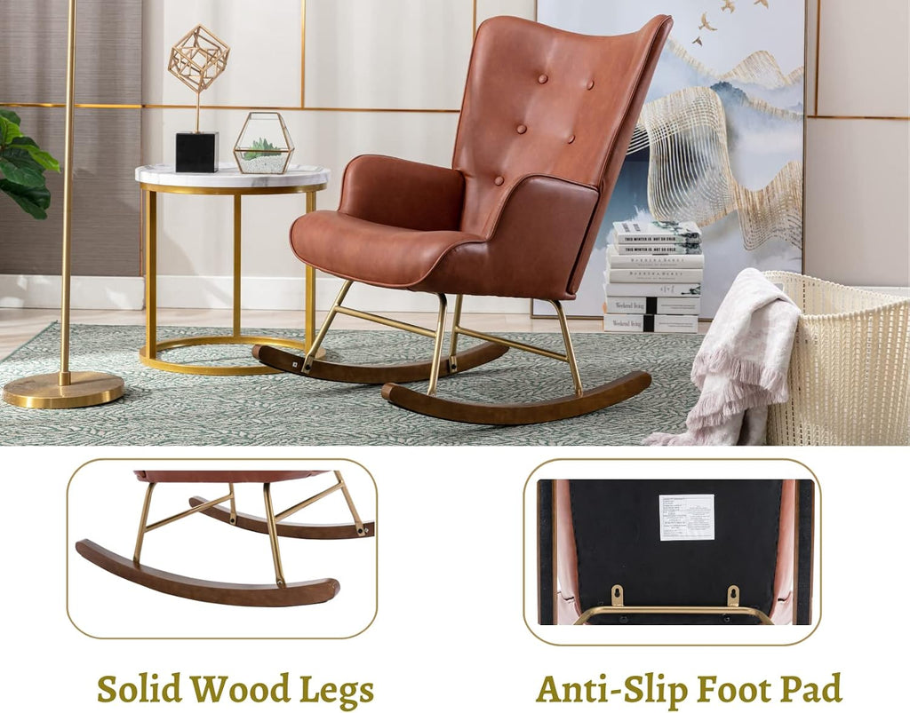 EALSON Nursery Rocking Chair Leather Upholstered Lounge Chair Tufted Wingback Accent Rocker Chair with Wooden Base Modern Comfy Armchair for Bedroom Living Room,PU Brown
