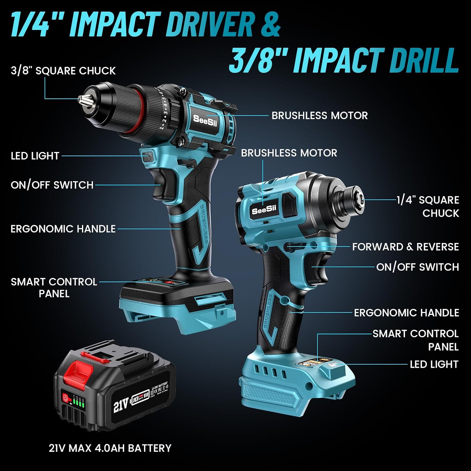 SEESII 21V Max Cordless Drill and Impact Driver, Power Tool Combo Kit Included 3/8'' Drill & 1/4'' Impact Driver, 2x 4000mAh Battery, Fast Charger, 20 pcs Driver Bit Set & Bag