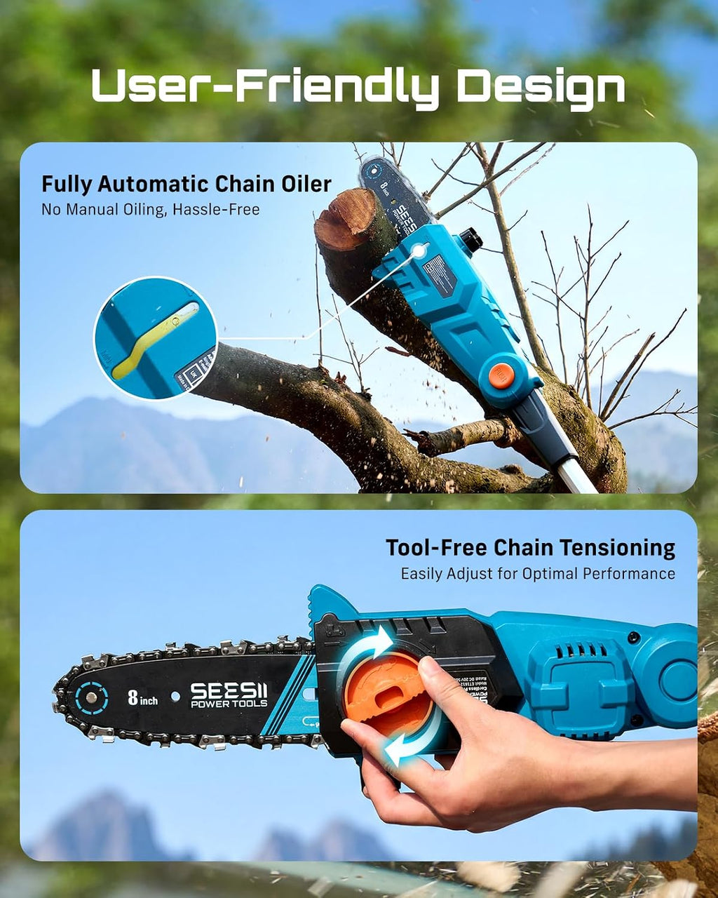 SEESII 8-Inch Electric Pole Saws: 21V Cordless Pole Saws for Tree Trimming, 15-Foot Max Reach, Auto Oiling, Tree Trimmer with 2x4000mAh Battery & Fast Charger, Tree Saw Ideal for Pruning Branches