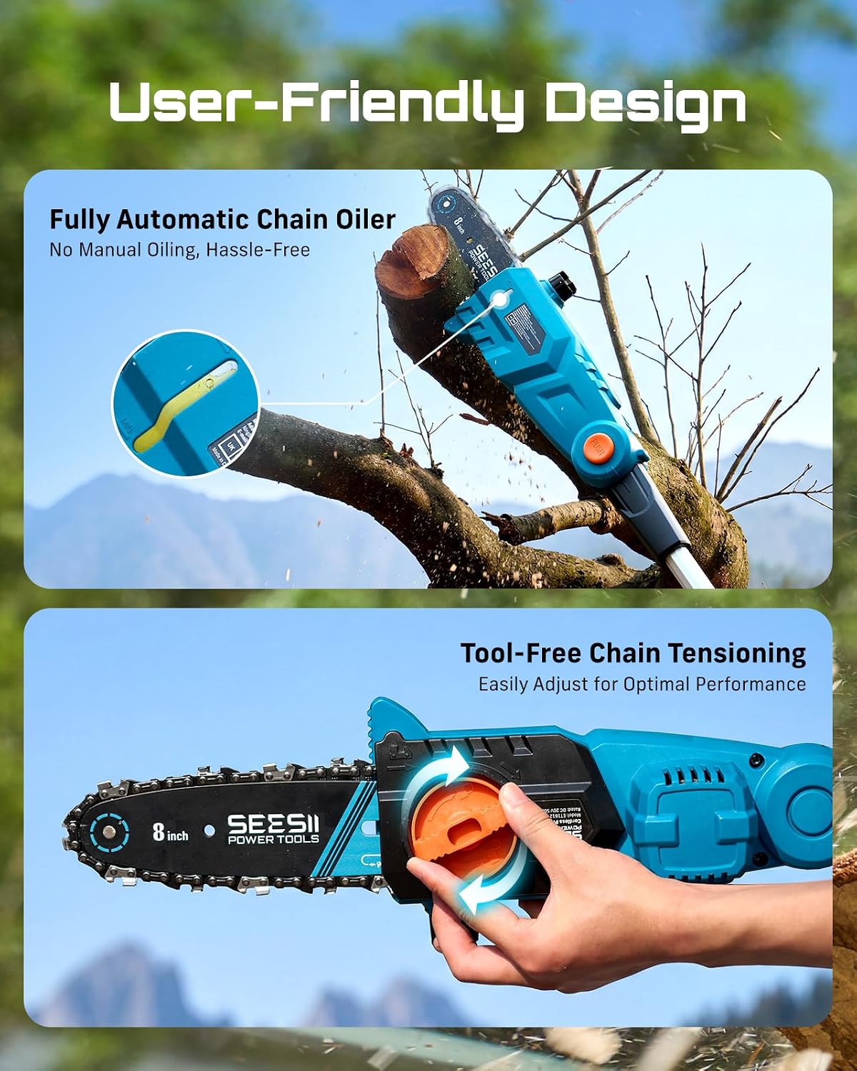 SEESII 8-Inch Electric Pole Saws: 21V Cordless Pole Saws for Tree Trimming, 15-Foot Max Reach, Auto Oiling, Tree Trimmer with 2x4000mAh Battery & Fast Charger, Tree Saw Ideal for Pruning Branches