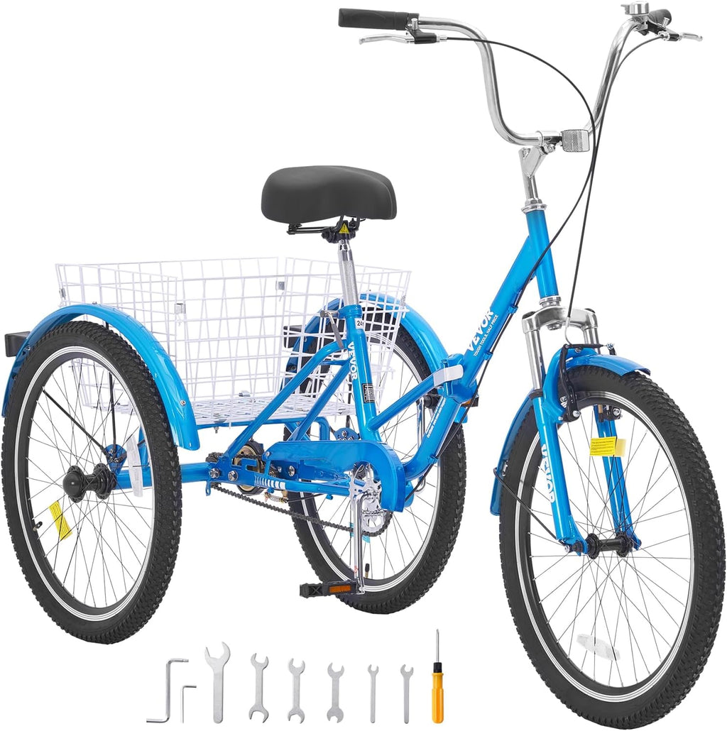 VEVOR Folding Adult Tricycle,Adult Folding Trikes, 3 Wheel Cruiser Bike with Large Basket & Adjustable Seat, Shopping Picnic Foldable Tricycles for Women, Men, Seniors