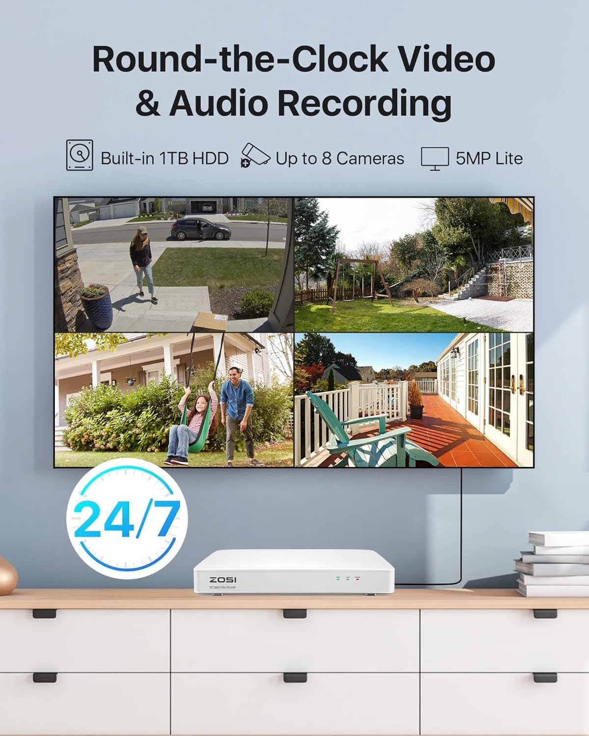 ZOSI 3K Lite Security Camera System with AI Human Vehicle Detection, 8Pcs 1920TVL 2MP Home CCTV Cameras Indoor Outdoor, Night Vision, One-Way Audio, H.265+ 8CH DVR with 1TB HDD for 24/7 Recording