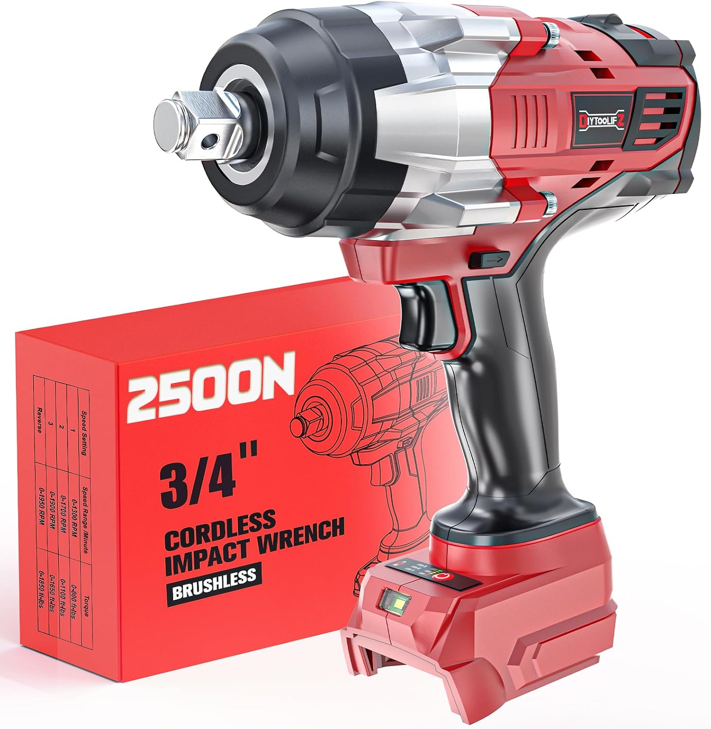 DIYtoolifz 3/4' Cordless Impact Wrench Compatible with Milwaukee 18V Battery: 1850FT-LBS(2500N.m) High Torque Impact Driver, Auto-Stop Reverse, 4-Speed Heavy Duty Impact for Car/Truck/Mower(Bare Tool)