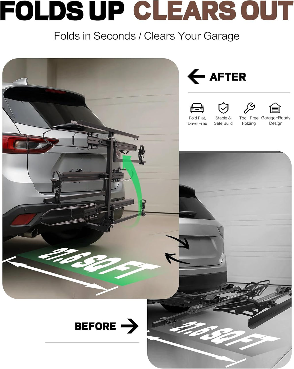 Young 250LBS. Capacity Foldable Aluminum 3-Ebike Rack with Ramp for Car SUV RV Truck Trailer and Van, Fits up to 5' Fat Tire Width and 50' Wheelbase, Ebike Carrier Rack for 2' Receiver