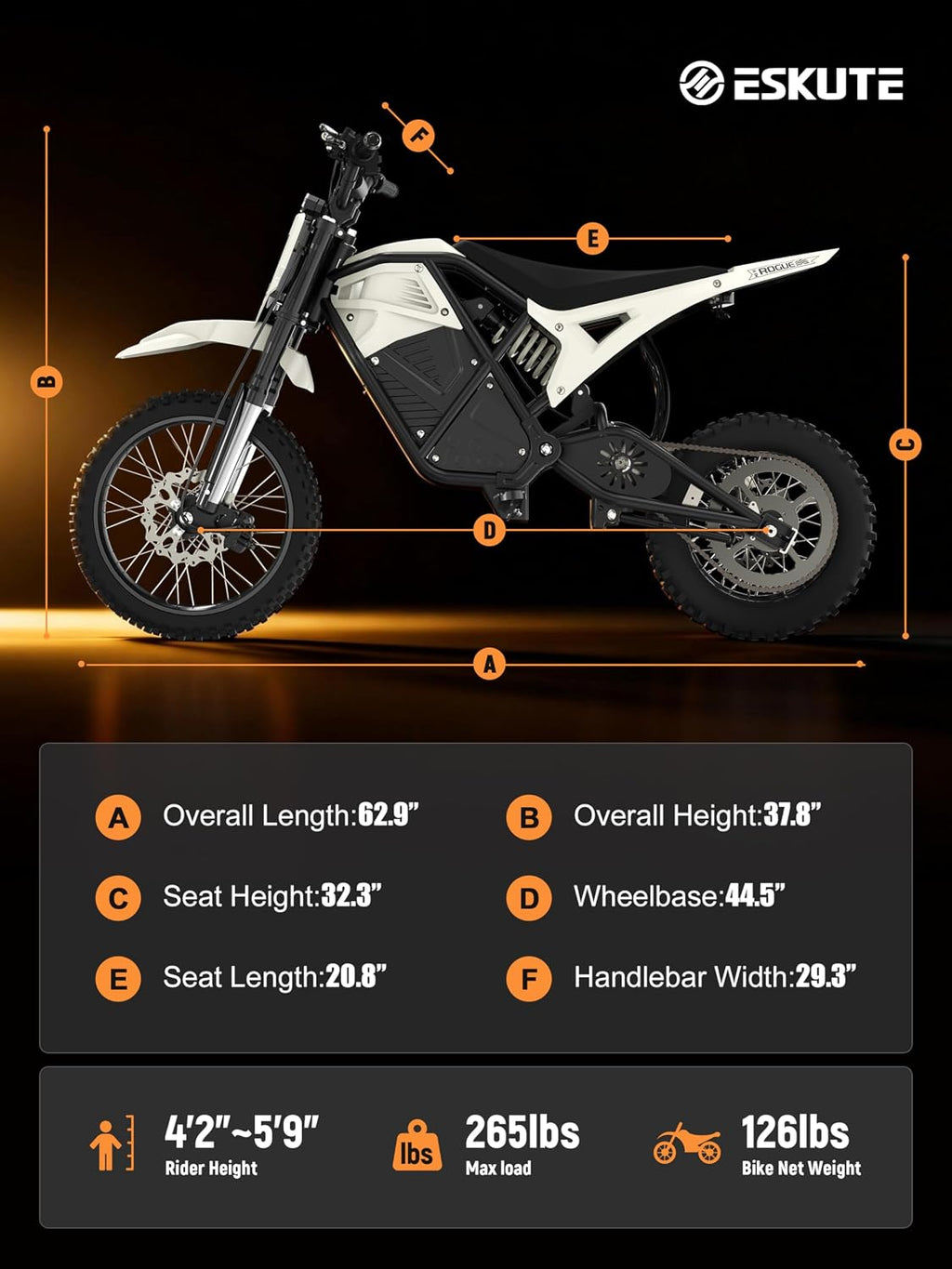 ESKUTE Electric Dirt Bike for Teens Adults, Mid-Drive Motor 3500W Peak, Electric Motorcycle 48V23Ah Battery, Hydraulic Brake，53Mile,38mph, Hydraulic Nitrogen Shock Absorbers, White with Helmet