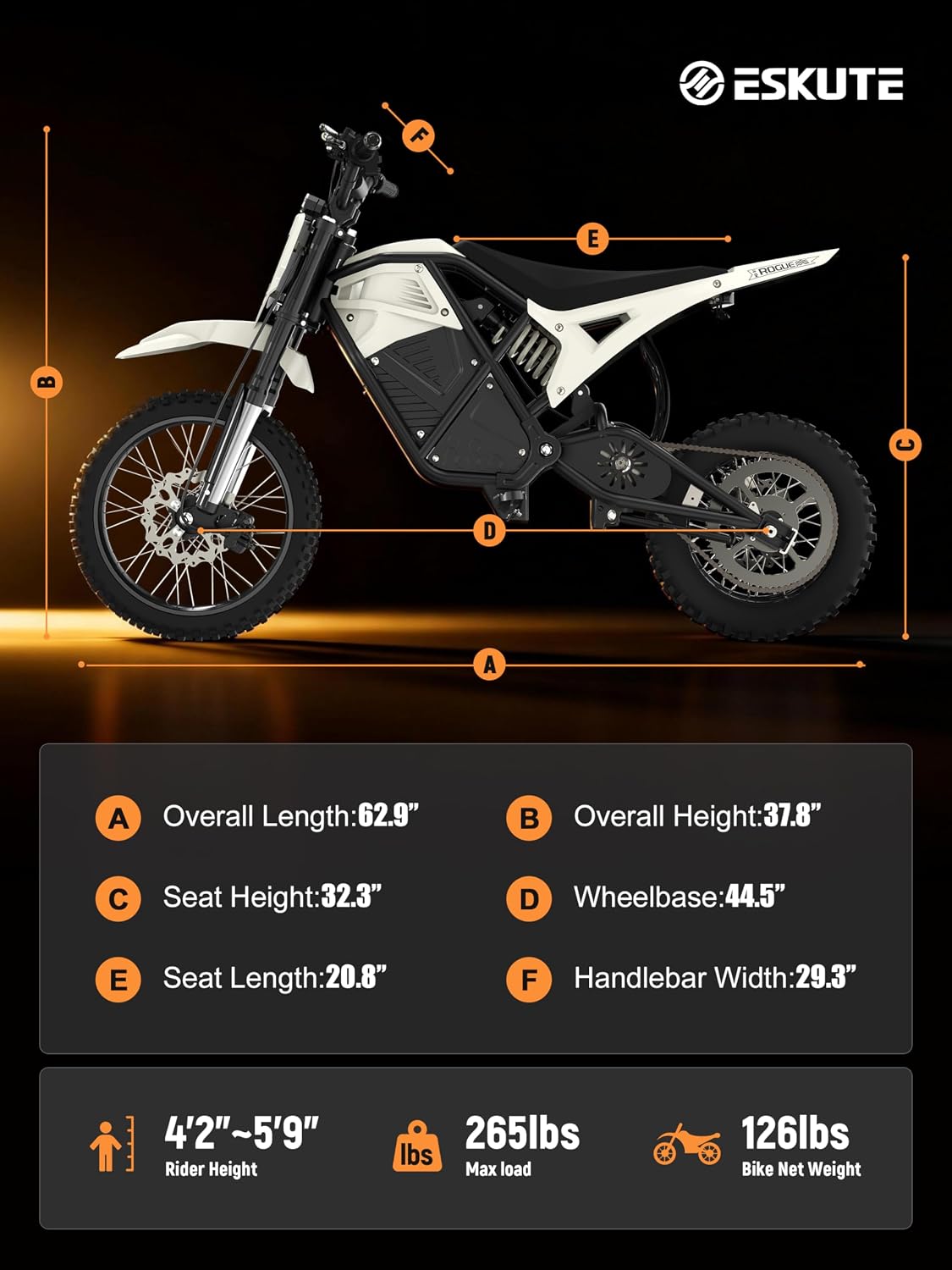 ESKUTE Electric Dirt Bike for Teens Adults, Mid-Drive Motor 3500W Peak, Electric Motorcycle 48V23Ah Battery, Hydraulic Brake，53Mile,38mph, Hydraulic Nitrogen Shock Absorbers, White with Helmet