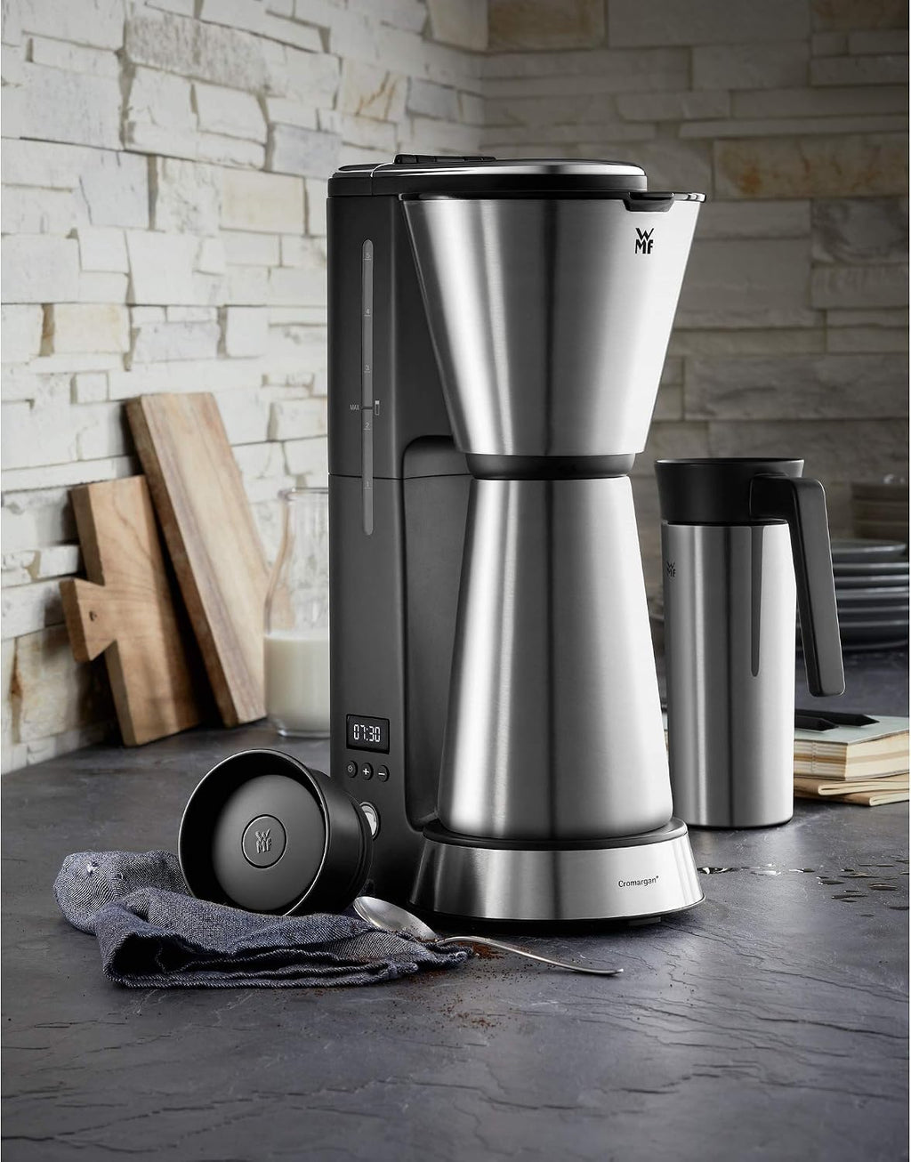 WMF KITCHENminis 0412260011 Aroma Filter Coffee Maker, Thermo-To-Go, Compact, Insulated Jug and Takeaway Mug, Cromargan High Quality, 760 W, Up to 5 Cups