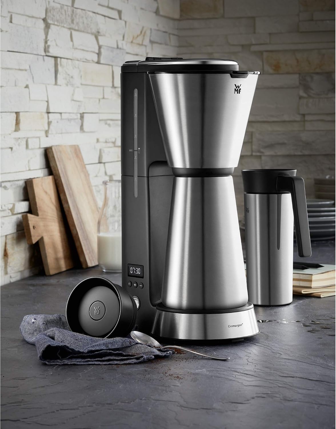 WMF KITCHENminis 0412260011 Aroma Filter Coffee Maker, Thermo-To-Go, Compact, Insulated Jug and Takeaway Mug, Cromargan High Quality, 760 W, Up to 5 Cups