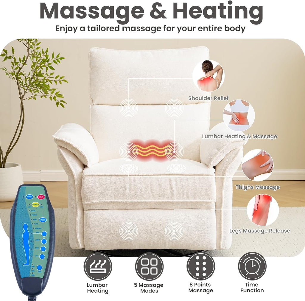 Oversized Power Recliner Chair Swivel Glider with Massage and Heat, Rocker Nursery Recliner for Adults with Adjustable Headrest, 26' Extra Wide Nursery Chair with Overstuffed Armrest,White
