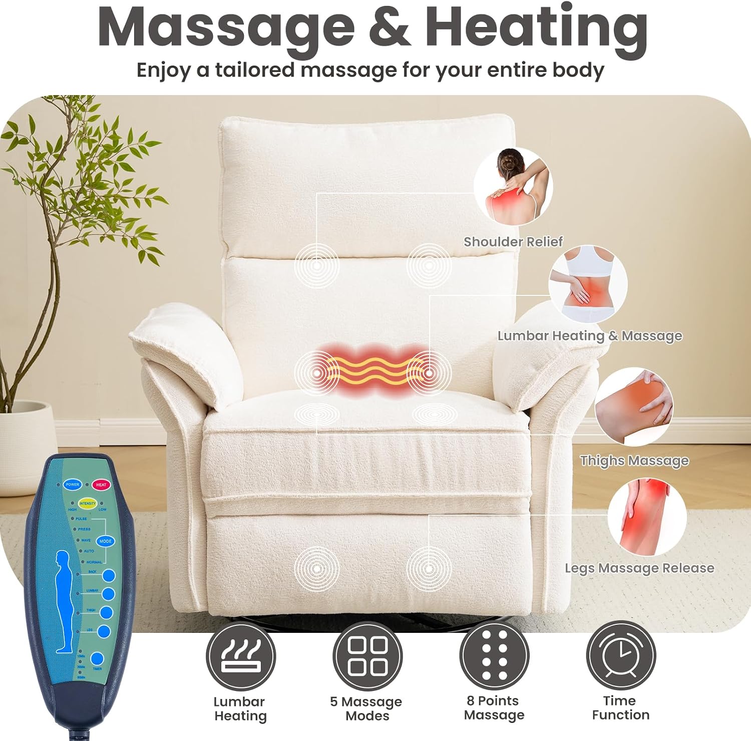 Oversized Power Recliner Chair Swivel Glider with Massage and Heat, Rocker Nursery Recliner for Adults with Adjustable Headrest, 26' Extra Wide Nursery Chair with Overstuffed Armrest,White