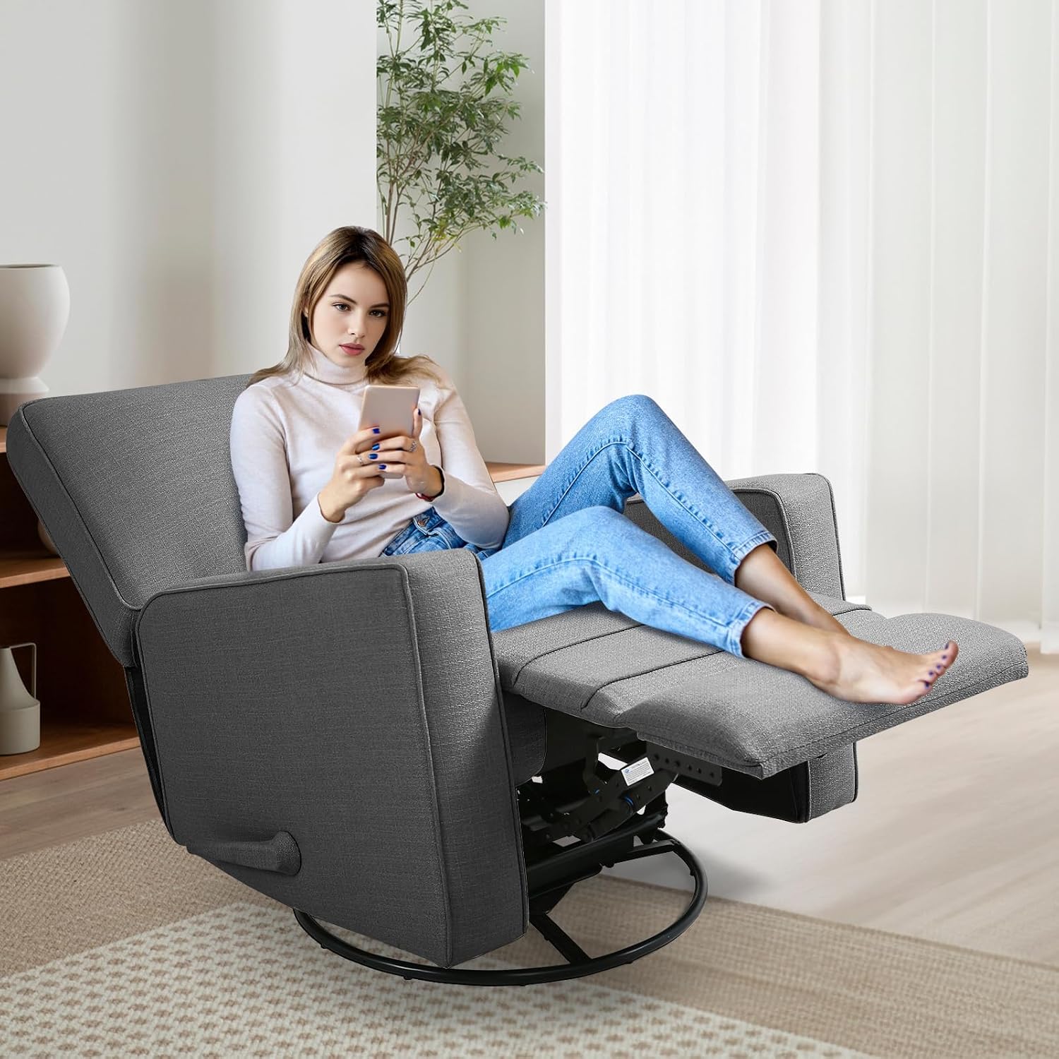 Swivel Rocker Recliner Chair for Adults, High Back Fabric Recliner with Deep Seat, Manual Glider for Living Room & Nursery, Charcoal