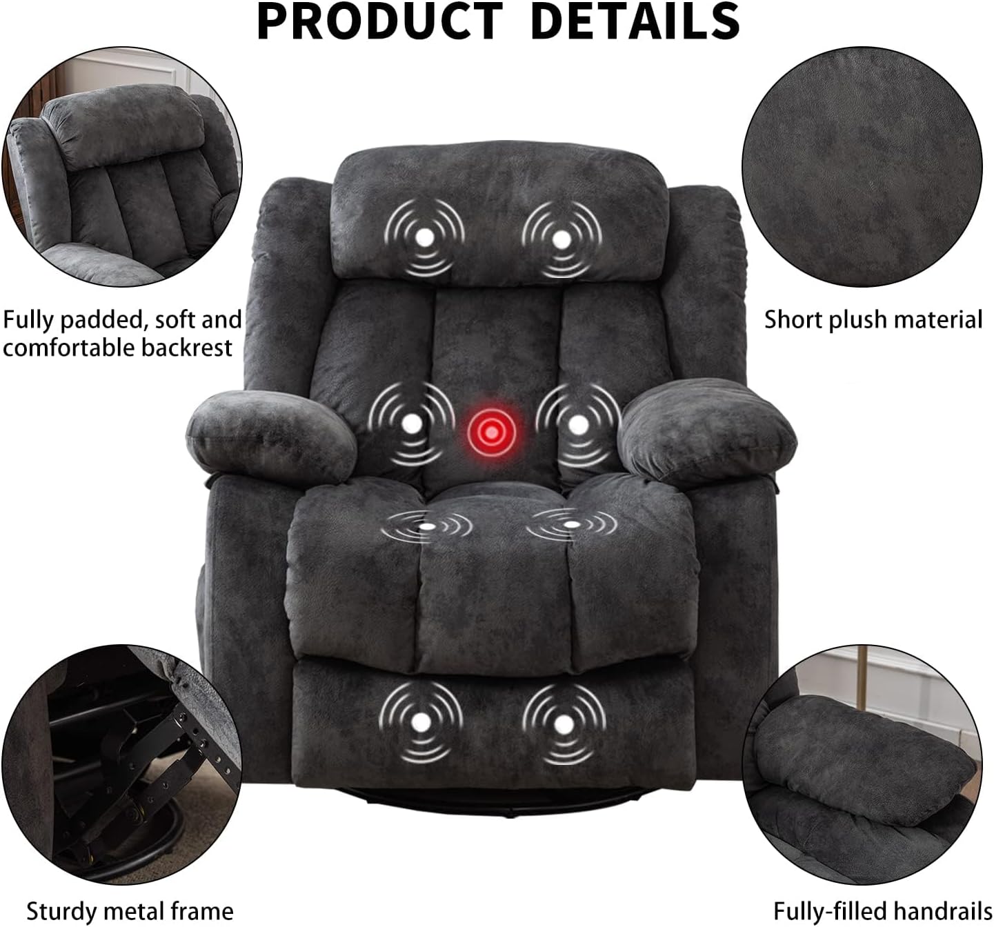 INZOY Massage Swivel Rocker Recliner with Heat and Vibration, Manual Rocking Recliner Chair with Vibrating Massage, Comfy Padded Overstuffed Soft Fabric Heated Recliner, Grey
