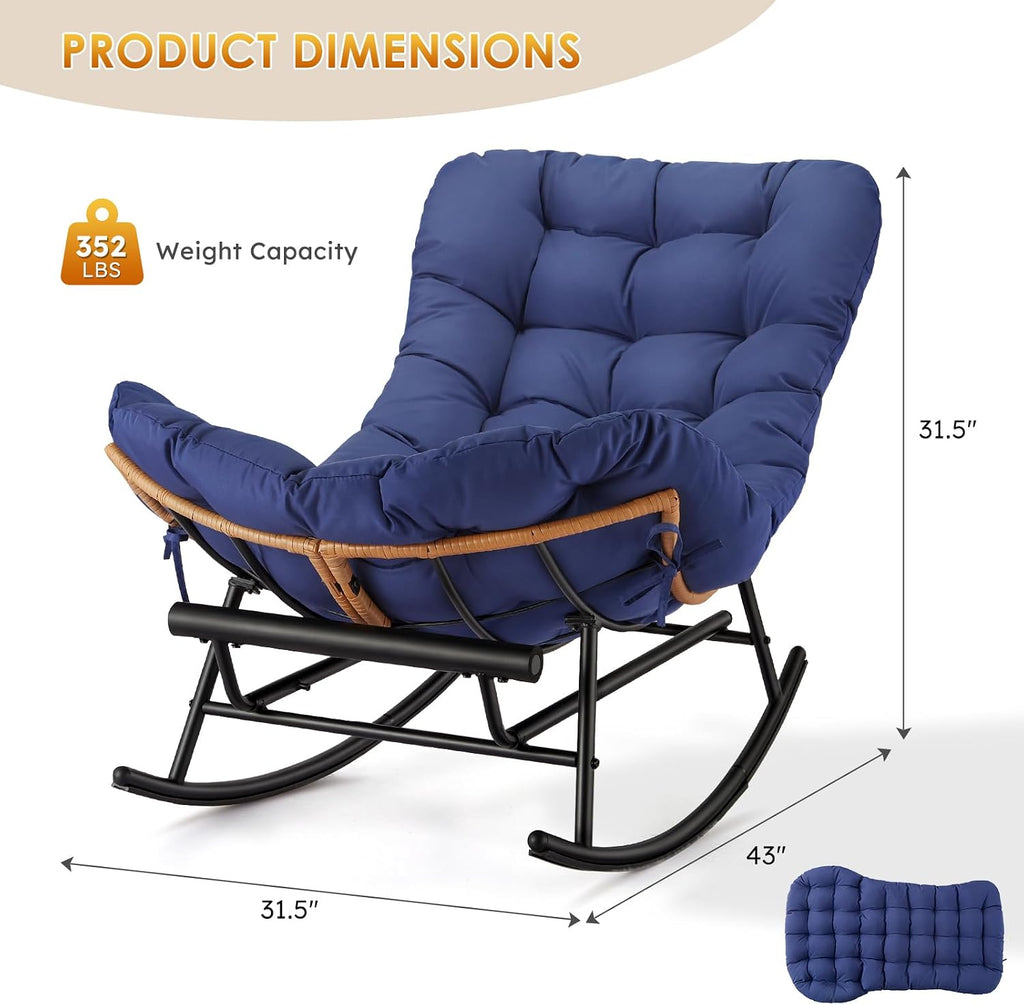 Takywep Rattan Rocking Chair with Detachable Polyester Cushion and Extendable Footrest – Papasan Chair with Cozy Seating for Porch, Lawn, Bedroom & Living Room, Royal Blue