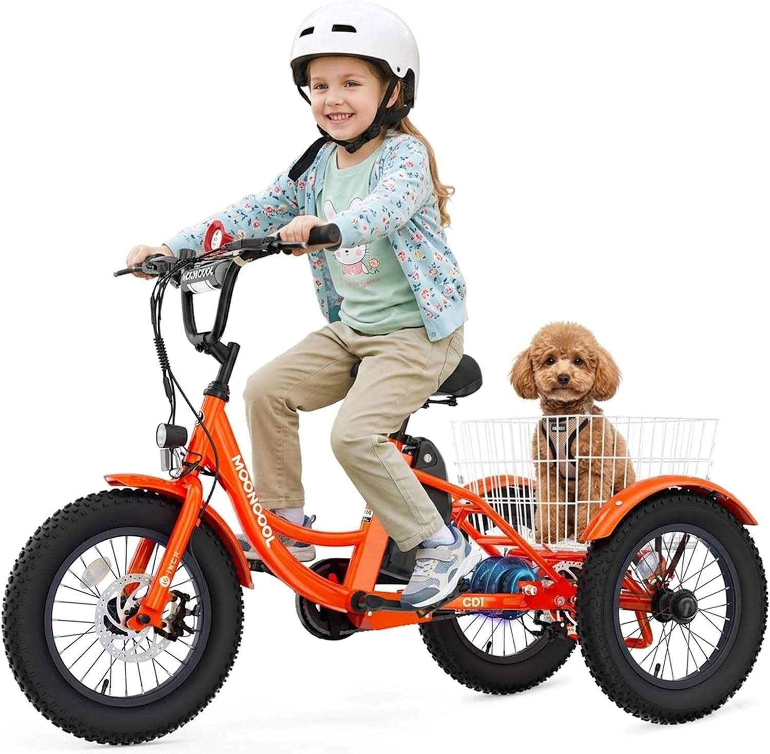 MOONCOOL 16'×3' Youth Electric Trike, 250W Fat-Tire 12MPH 3-Wheel eBike for Boys & Girls, Aluminum Frame, Removable Battery/Basket, Up to 35-Mile Range