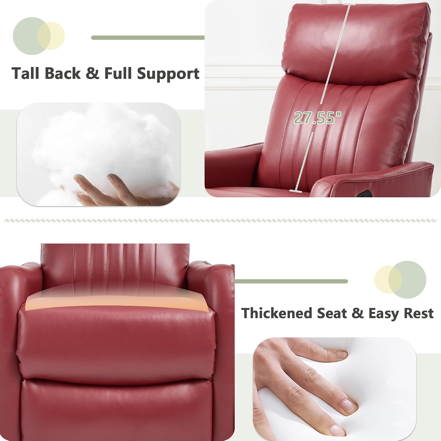 cinkehome Heated Massage Swivel Rocker Recliner Chair for Nursery - Small Space Reclining Chair with Lumbar Support, 360° Swivel & Gentle Rocking, Ergonomic High Back Faux Leather Red