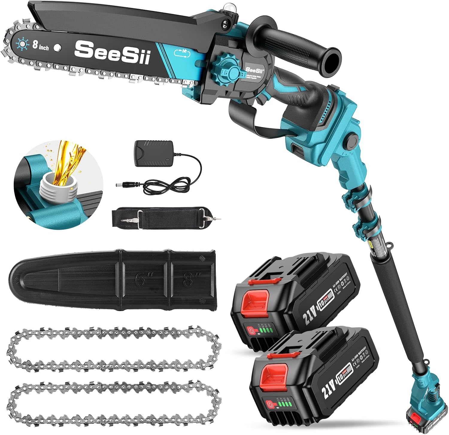 SEESII 2-in-1 Electric Pole Saws for Tree Trimming, 8 Inch Brushless Mini Chainsaw with Extension Pole, Cordless Pole Chain Saw, Tree Trimmer Limb Branch Cutter Pruner with 2 x 4.0Ah Batteries,P8 Nex